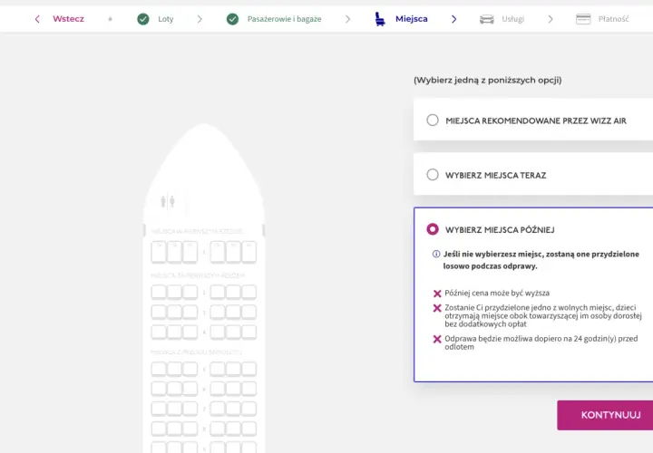 W Wizzair można wybrać miejsca później, ale zostaną przydzielone losowo.