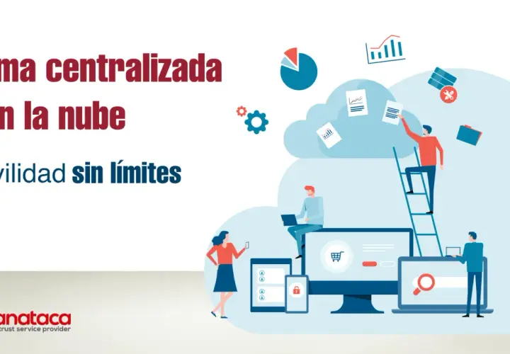 Ilustración de "Firma centralizada o en la nube" con personas interactuando con dispositivos y datos en un entorno digital.