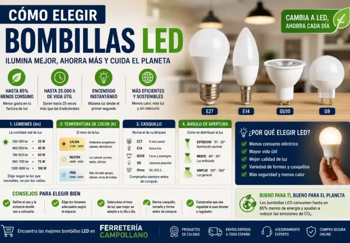 Guía para elegir bombillas LED: potencia, lúmenes, temperatura de color y casquillos. Ahorra energía y cuida el planeta.
