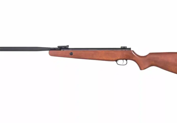 Carabine à air comprimé en bois, modèle 4.5 ou 5.5, avec canon noir et crosse ergonomique.
