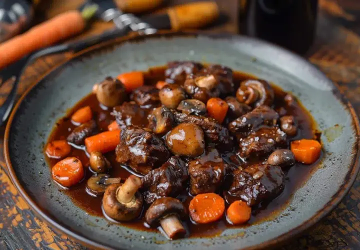 Un plat de boeuf bourguignon cookeo, mijoté avec des champignons et des carottes, servi dans une assiette grise.