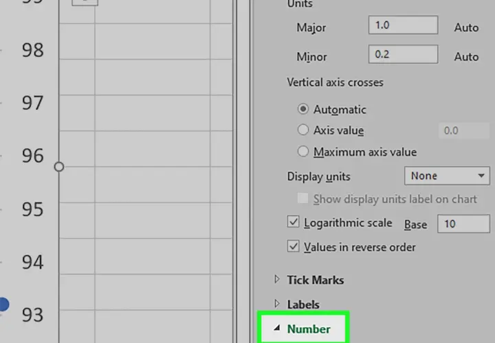 Opzioni per modificare asse x grafico Excel: unità, scala logaritmica e formattazione numeri.
