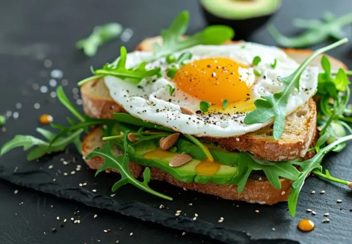 Pyszny pomysł na śniadanie: tost z awokado, rukolą i jajkiem sadzonym. Idealny start dnia!