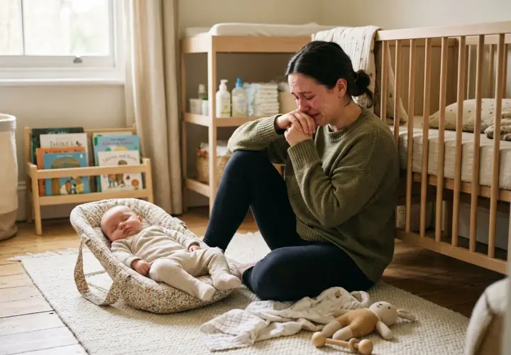 En kvinna gråter bredvid sin sovande bebis, en bild av baby blues.