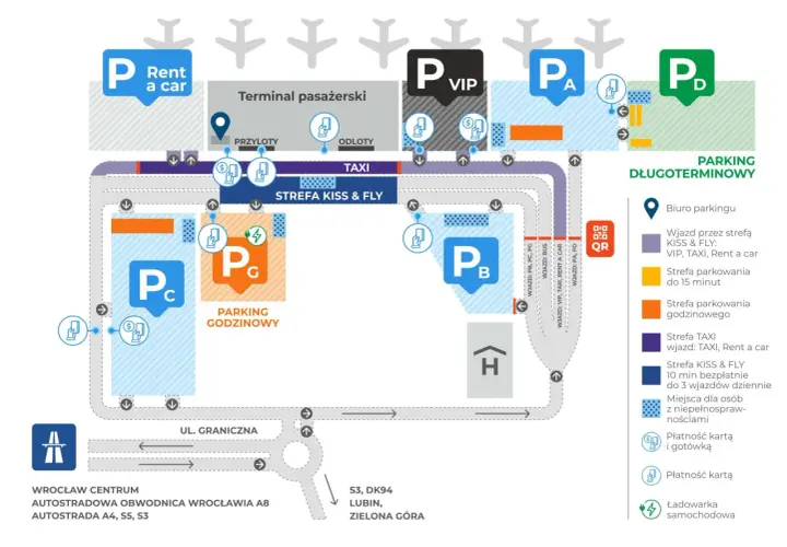 Mapa lotniska Wrocław. Sprawdź, ile kosztuje parking na lotnisku we Wrocławiu, gdzie są strefy VIP, Kiss & Fly, godzinowe i długoterminowe.