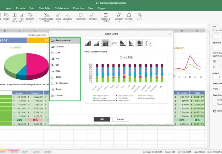 Grafico Excel con dati finanziari mensili e totali. La finestra "Inserisci grafico" mostra opzioni per creare grafici, inclusi grafici a barre impilate.