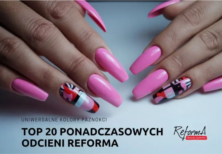 Długie, różowe paznokcie z geometrycznymi wzorami. Odkryj modne kolory paznokci 2025 i ponadczasowe odcienie.