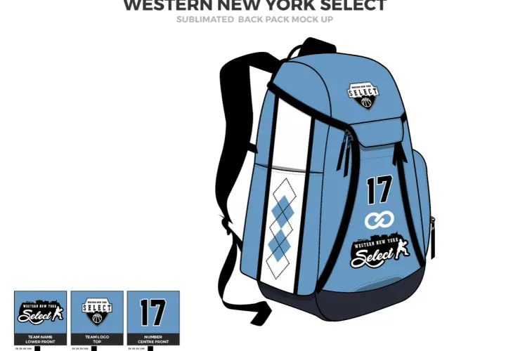 Niebieski plecak do koszykówki z logo "Western New York Select" i numerem 17. Idealny dla każdego fana basketu.
