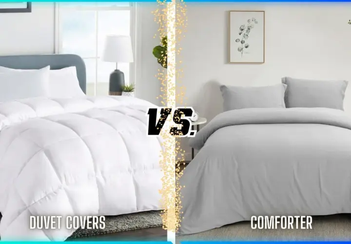 A white duvet cover with a quilted comforter vs. a gray comforter. What's the difference between a comforter and a blanket?