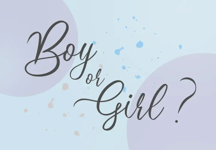Kreatywny sposób na poinformowanie o ciąży: napis "Boy or Girl?" na pastelowym tle z plamkami.
