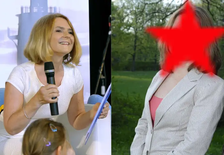 Dwie kobiety, jedna z mikrofonem, druga z czerwoną gwiazdą na twarzy.
