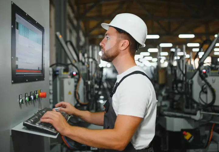 Operator maszyn CNC w białym kasku pracuje przy panelu sterowania, wprowadzając dane na klawiaturze.
