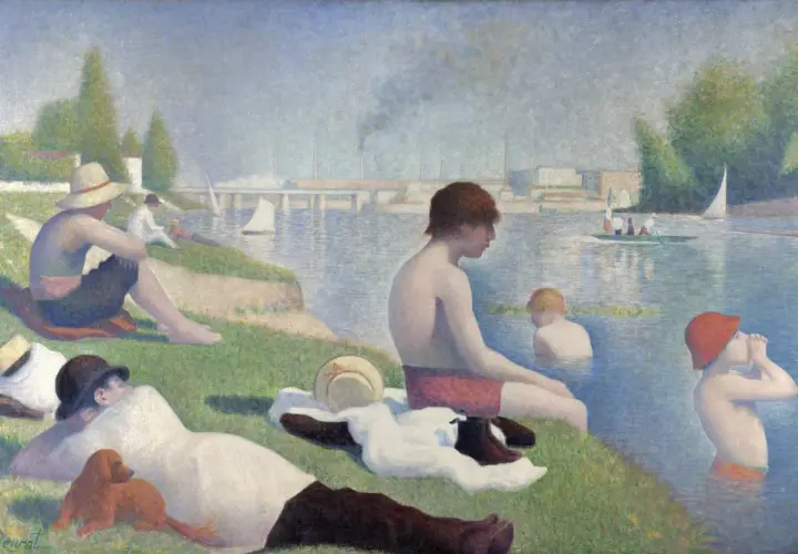 Badende Menschen am Flussufer, im Stil des Pointillismus gemalt.