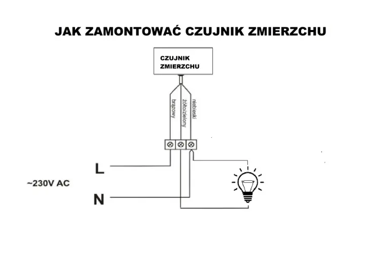 Schemat pokazuje, jak podłączyć czujnik zmierzchu do lampy. Podłącz przewód fazowy (L) i neutralny (N) do odpowiednich zacisków czujnika, a następnie do lampy.