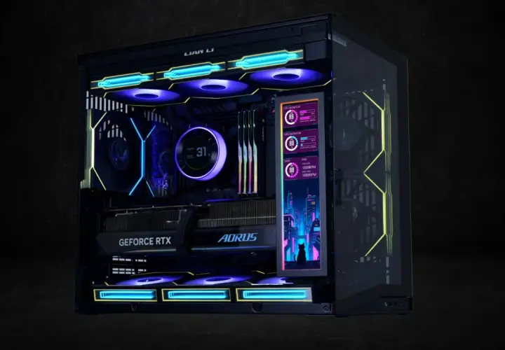 Gaming-PC mit RGB-Beleuchtung und kleinem Display, das Systeminformationen wie CPU-Temperatur und Lüfterdrehzahl anzeigt, um die FPS im Auge zu behalten.