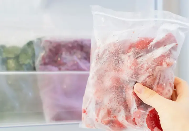 Ręka wyjmuje z zamrażarki worek z mrożonymi owocami. Czy jogurt można mrozić? Tak, ale najlepiej w małych porcjach.