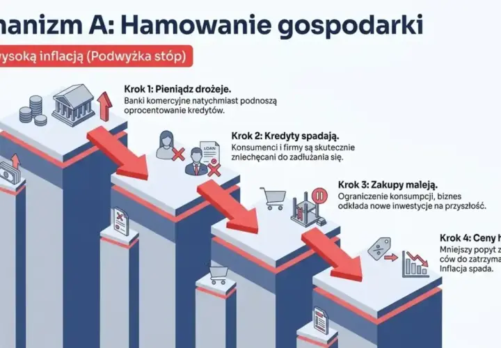 Mechanizm hamowania gospodarki: podwyżka stóp procentowych, czyli stopa lombardowa, prowadzi do droższego pieniądza, spadku kredytów, mniejszych zakupów i hamowania cen.