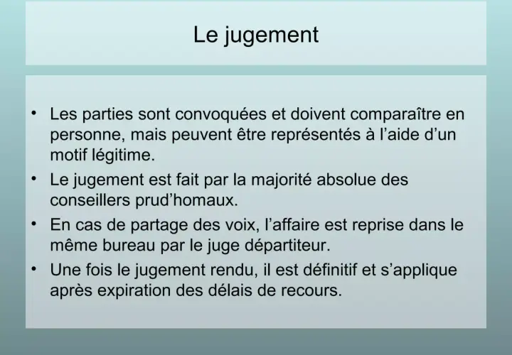 Diapositive sur "Le jugement", expliquant le rôle du juge départiteur en cas de partage des voix.