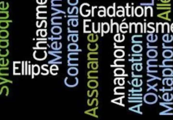 Un collage de mots illustrant des figures de style : ellipse, chiasme, métaphore, gradation, euphémisme, anaphore, allitération, oxymore.
