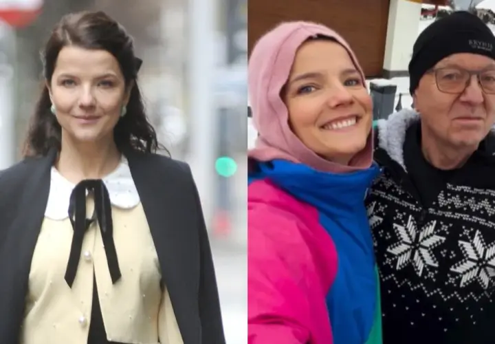 Marta Konarska z rodzicami w zimowej scenerii i eleganckiej stylizacji.