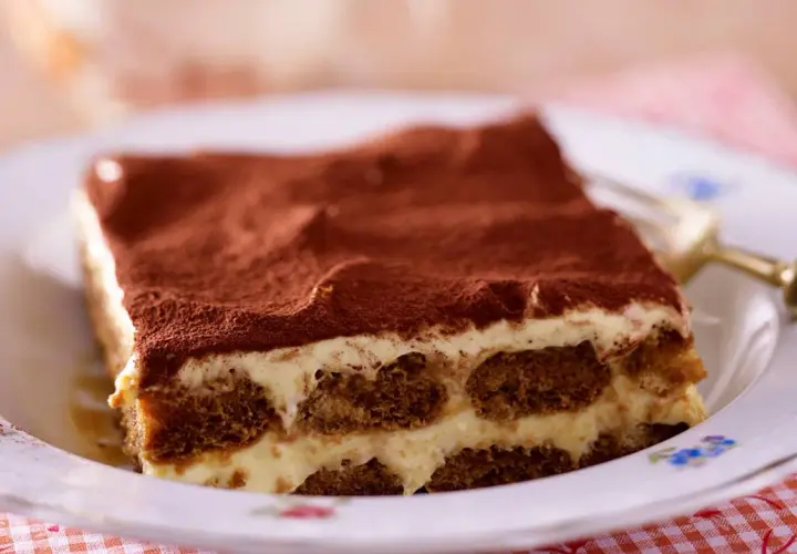 Ein Stück Tiramisu, ein Klassiker der italienischen Nachspeisen, auf einem Teller mit Kakaopulver bestäubt.