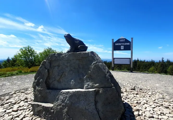 Żaba na skale podziwia skrzyczne widoki. Tablica informuje o wysokości 1257 m n.p.m.