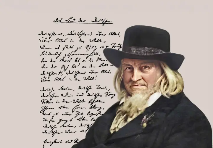 Ein Mann mit Hut und Bart, neben einem Gedicht, das von der Etsch bis an die Memel reicht.