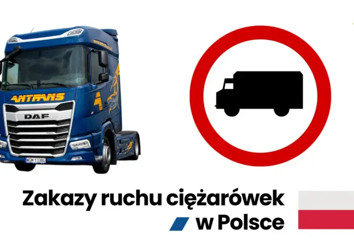 Niebieska ciężarówka DAF obok znaku zakazu ruchu dla pojazdów ciężarowych. Temat: zakazy dla ciężarówek w Polsce.