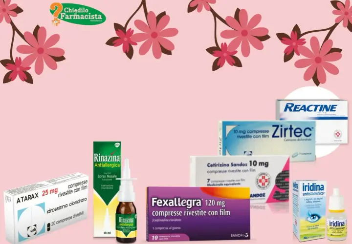 Vari antistaminici per la rinite allergica: Reactine, Zirtec, Fexallegra, Rinazina, Atarax e Iridina.
