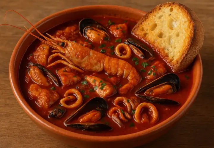 Un invitante cacciucco alla livornese in ciotola di terracotta, con gamberone, cozze, anelli di calamaro e crostino.