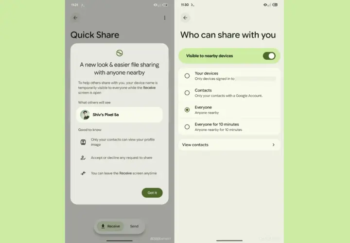 Ekran "Quick Share" z opcjami udostępniania plików. Umożliwia szybkie udostępnianie danych między urządzeniami.
