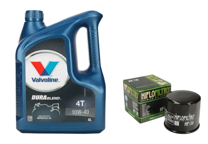 Niebieska butelka oleju silnikowego Valvoline DuraBlend 4T 10W-40 i filtr oleju Hiflofiltro HF 138.