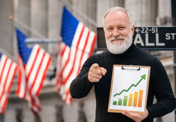 Starszy pan z Wall Street pokazuje wykres wzrostu, zachęcając do inwestowania dla początkujących.