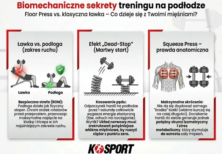 Grafika porównuje trening na ławce i podłodze, pokazując wpływ na mięsień piersiowy większy. Podkreśla bezpieczeństwo i zakres ruchu przy floor press.