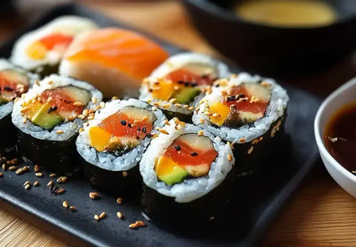 Rolki sushi z łososiem, awokado i mango, posypane sezamem, na czarnym talerzu z sosem sojowym.