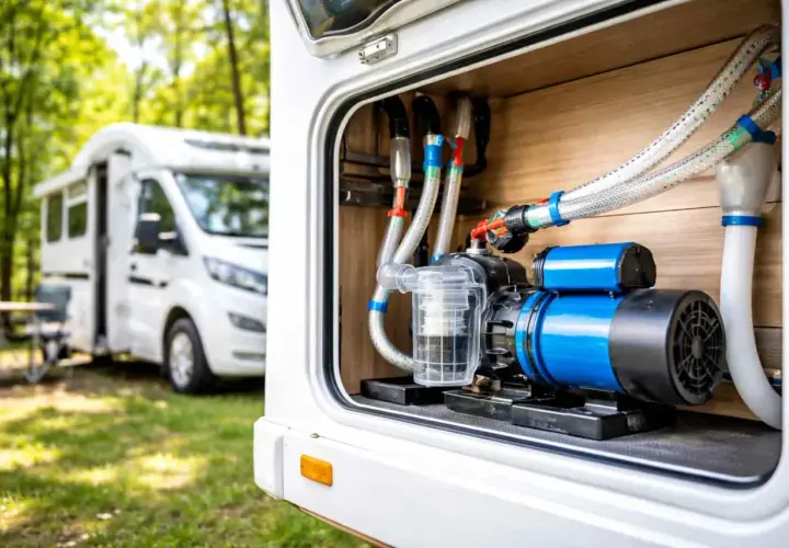 Pompe à eau de camping-car, élément clé pour la durée de vie de votre système. Vue rapprochée du moteur bleu et du filtre transparent.