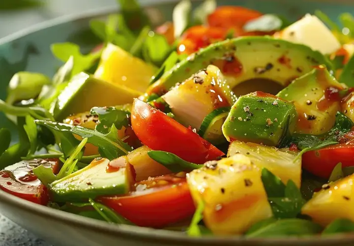 Ensalada de aguacate fresca con tomates, piña y aderezo.