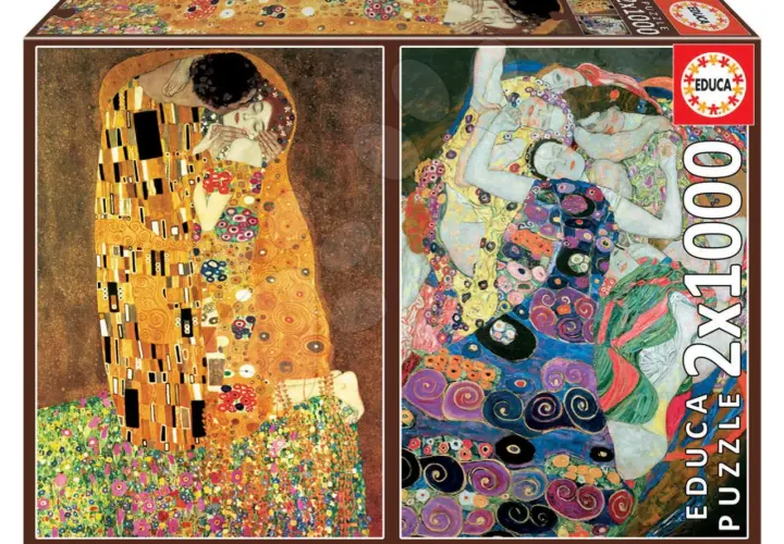 Obraz Gustava Klimta "Pocałunek", najdroższy obraz, na pudełku puzzli.