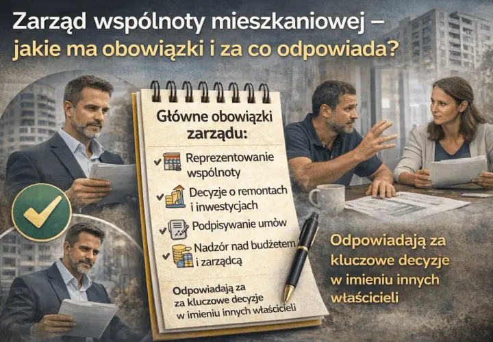 Zarząd wspólnoty mieszkaniowej: główne obowiązki to reprezentowanie, decyzje o remontach, podpisywanie umów, nadzór nad budżetem. Odpowiadają za kluczowe decyzje w imieniu właścicieli.