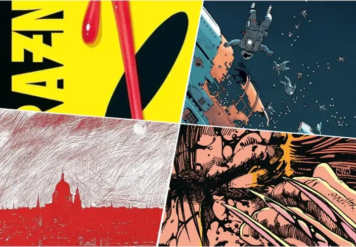 Komiksowe obrazy: żółte tło z czerwonymi kroplami, astronauci spadający w kosmos, czerwona panorama miasta i zbliżenie na postać z pazurami. Wizualna dystopia.