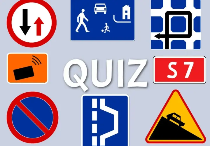 Quiz z różnymi rodzajami znaków drogowych: ustąp pierwszeństwa, strefa zamieszkania, zakaz zatrzymywania, przejazd, S7, teren zabudowany, zbliżanie się do wzniesienia.