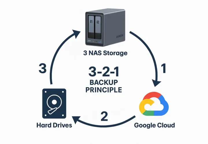 Das 3-2-1 Backup-Prinzip: 3 Kopien, 2 Medien (NAS, Festplatten) und 1 Cloud-Speicher.