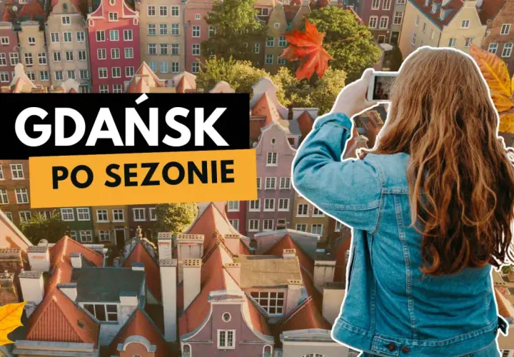Dziewczyna robi zdjęcie jesiennego Gdańska. W tle kolorowe kamienice i liście.