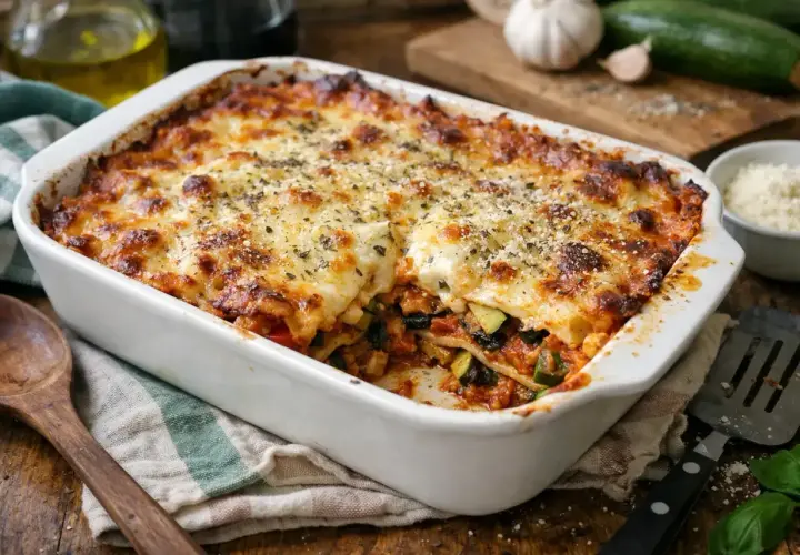 Lasagnes aux légumes, une recette italienne réconfortante avec des couches de pâtes, sauce tomate, courgettes et fromage gratiné.