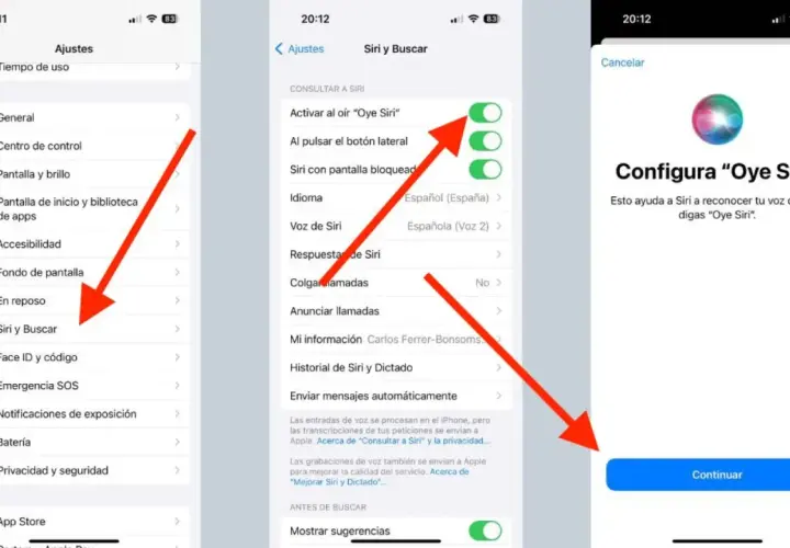 Configura "Oye Siri" en Ajustes. Activa la opción para que Siri te escuche y reconozca tu voz.