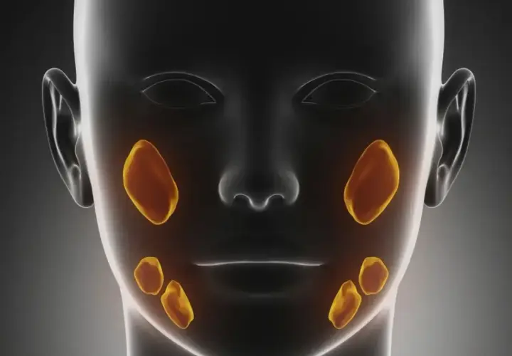 Anatomia twarzy z zaznaczonymi śliniankami. Widoczne są gruczoły przyuszne nad żuchwą i podżuchwowe pod nią.