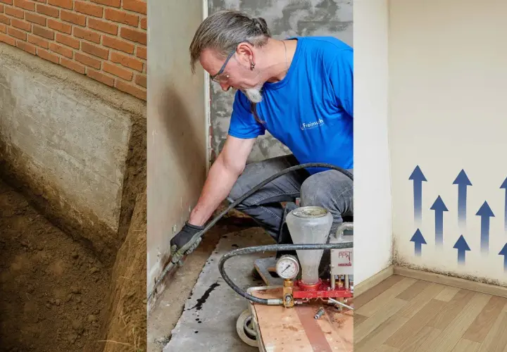 Schutz vor Wasser im Keller: Baugrube, Injektionsverfahren gegen Feuchtigkeit und Schimmelbildung an der Wand.