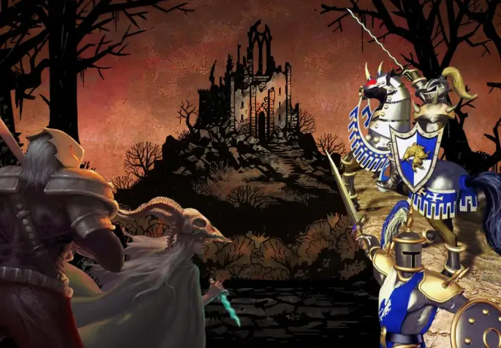 Mroczna bitwa w stylu turowych gier RPG. Rycerze w lśniących zbrojach walczą z potworami u stóp zrujnowanego zamku.