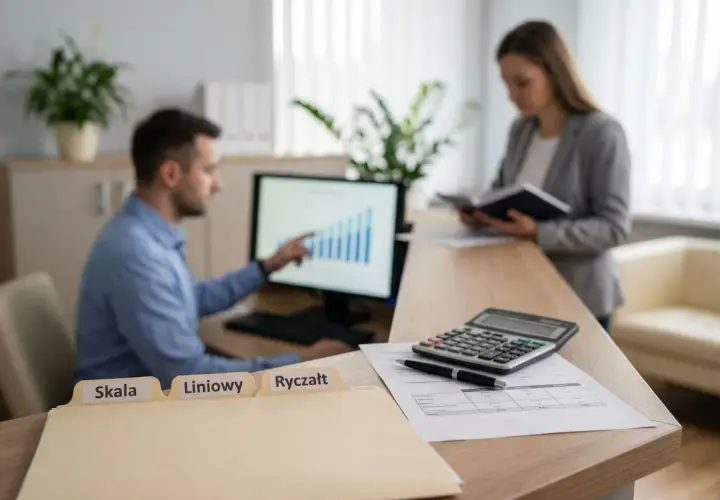 Mężczyzna analizuje wykres na monitorze, obok folder z napisem "Liniowy". Kobieta czyta dokument.