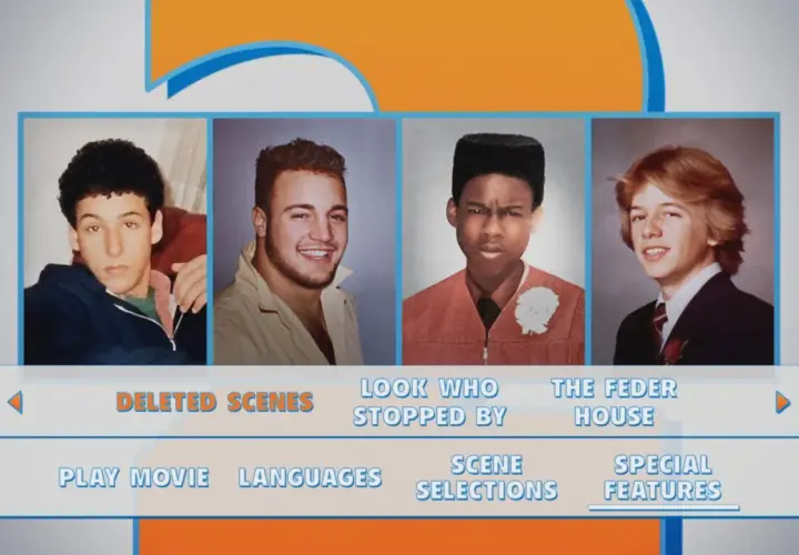 Młode twarze z obsady "Jeszcze większe dzieci" na menu DVD: Adam Sandler, Kevin James, Chris Rock i David Spade.